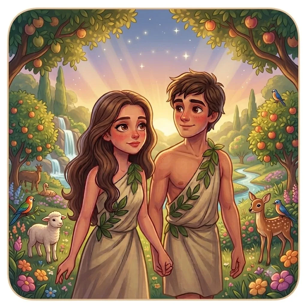 Capa da história bíblica em quadrinhos: Adão e Eva no Jardim