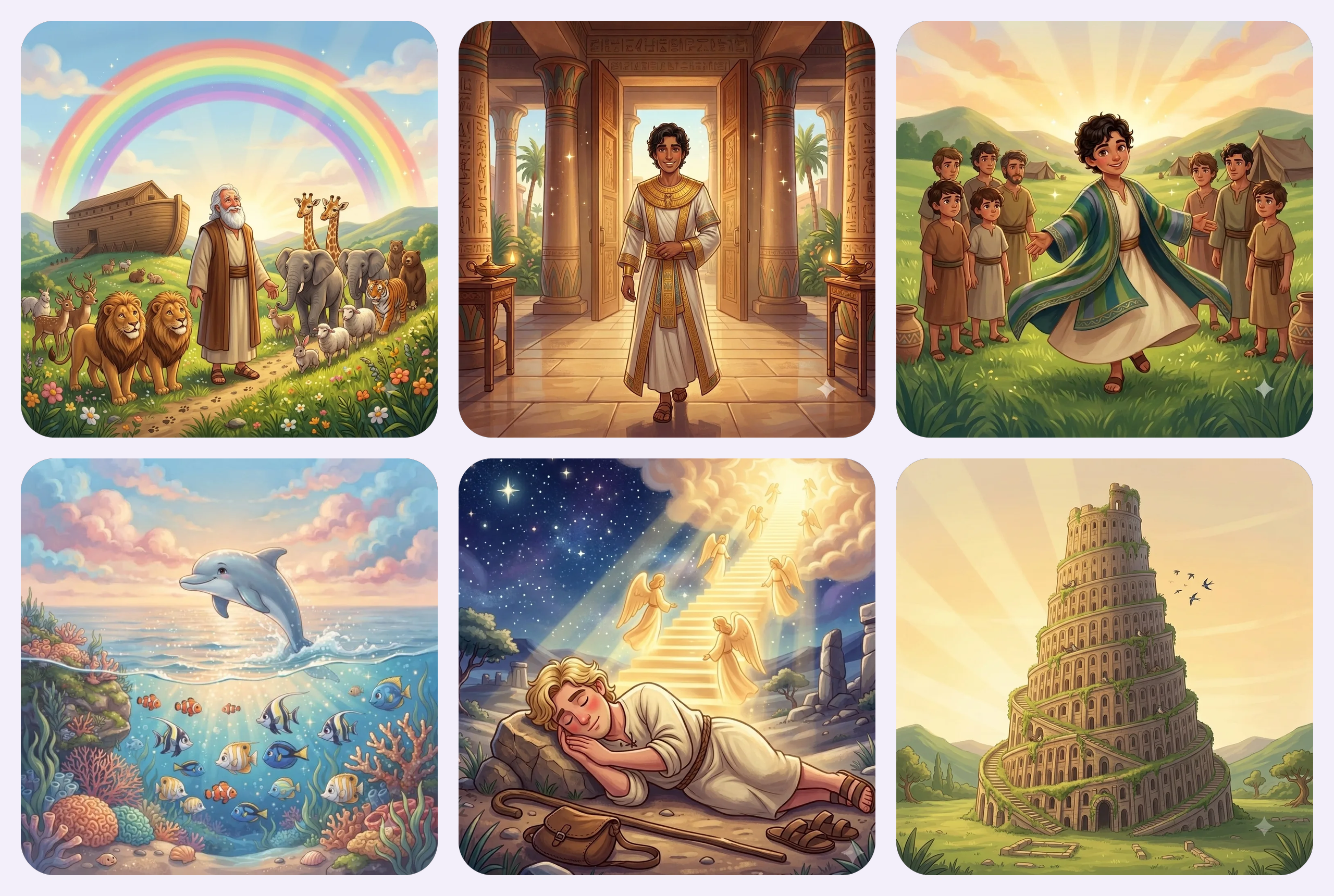 Cenas das histórias bíblicas do Maná Kids: Noé e o arco-íris, José governador no Egito, José e a túnica colorida, os peixes da Criação, a escada de Jacó e a Torre de Babel