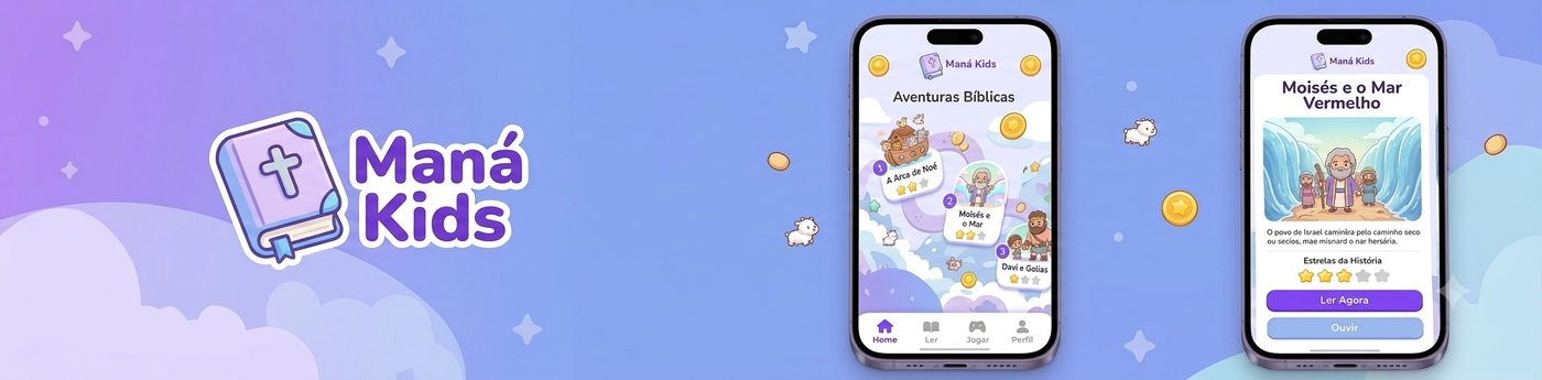 Telas do app Maná Kids: a trilha de Aventuras Bíblicas com personagens e a história de Moisés e o Mar Vermelho