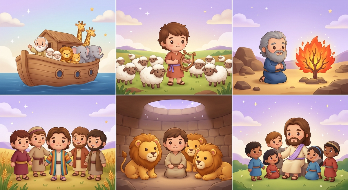 Cenas das histórias bíblicas do Maná Kids: Noé na arca, Davi pastor, Moisés e a sarça, José e os irmãos, Daniel com os leões e Jesus com as crianças